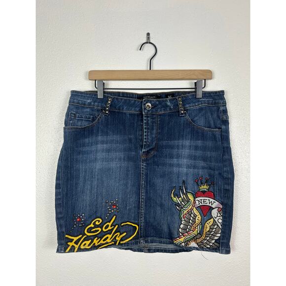 Ed Hardy Vintage Y2K Denim Mini Skirt Sz 16 *Broken zipper* - Picture 2 of 9